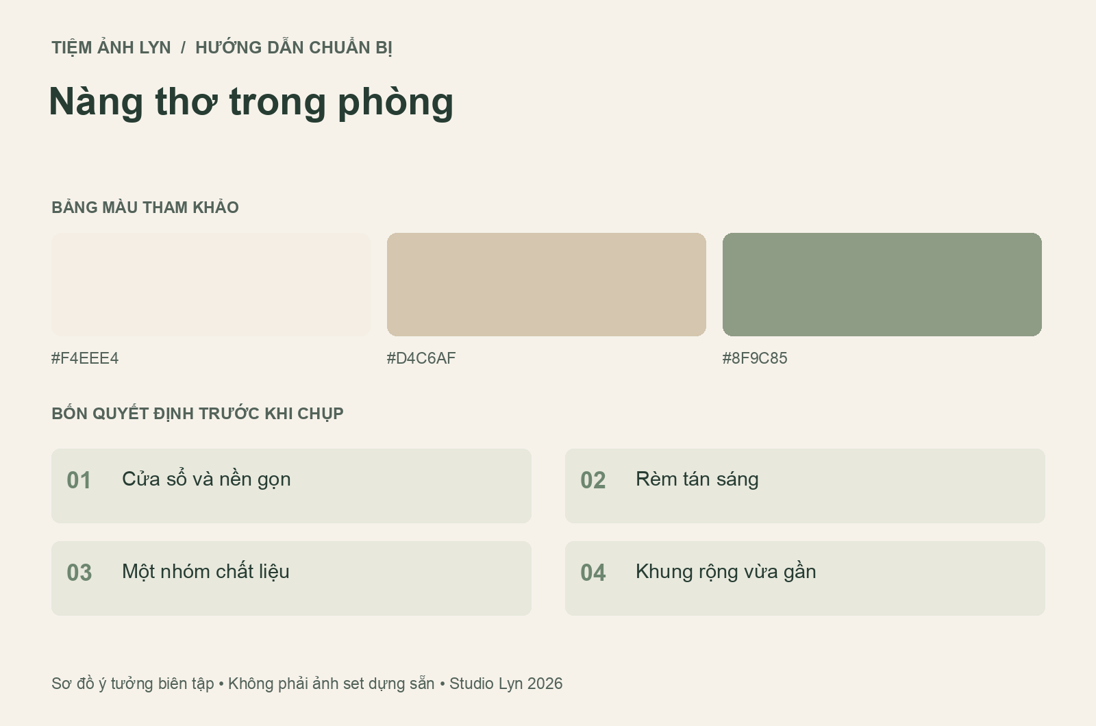 Sơ đồ bảng màu và các bước chuẩn bị concept chụp ảnh nàng thơ trong phòng