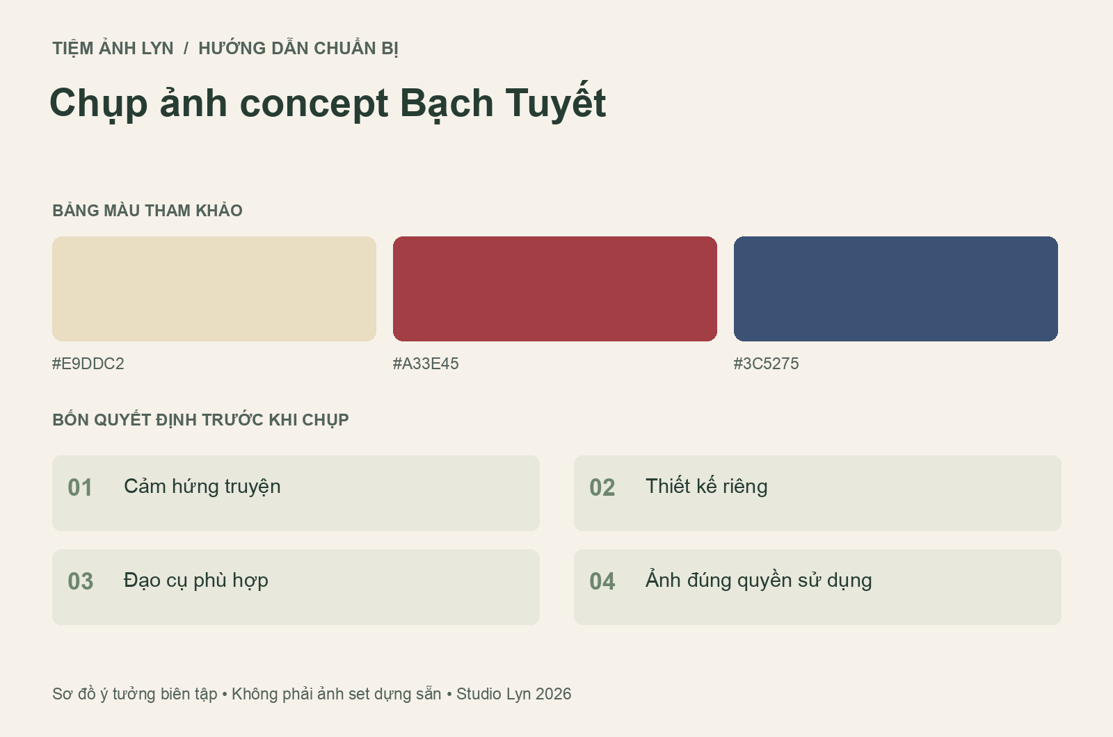 Sơ đồ bảng màu và các bước chuẩn bị chụp ảnh concept bạch tuyết