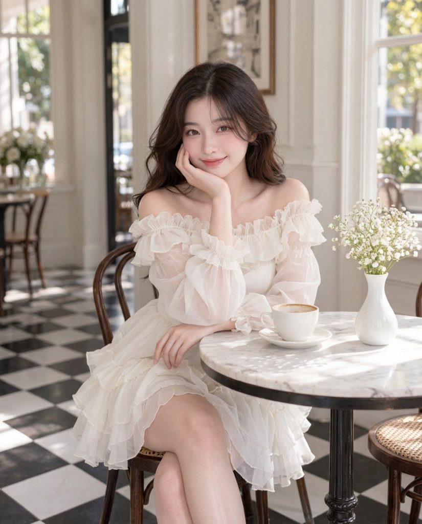 Chống cằm bên bàn đá cẩm thạch trong quán cafe sáng, váy bèo trắng trễ vai