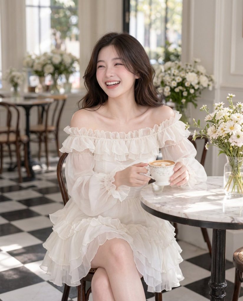 Cầm ly cà phê cười tươi, ghế gỗ uốn và cửa kính lớn phía sau