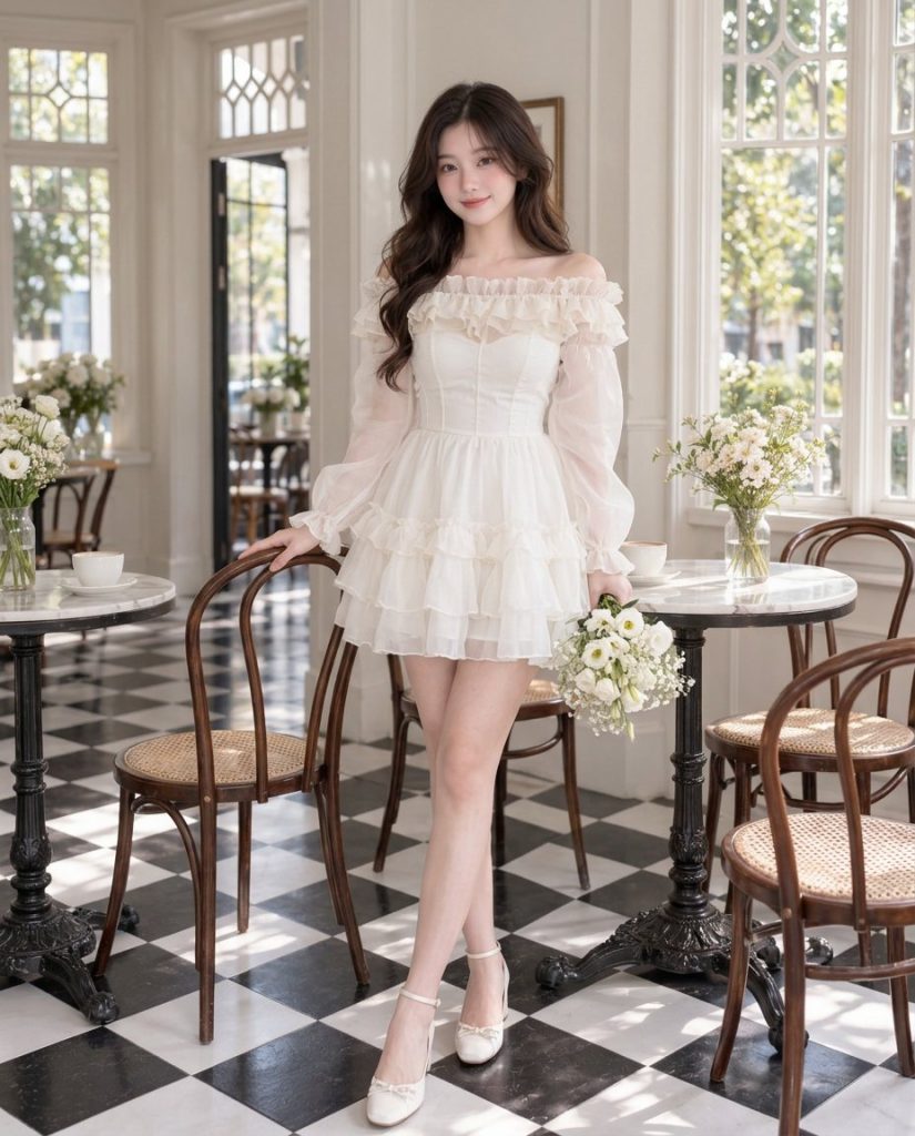 Toàn thân đứng trên sàn ca-rô đen trắng, tay đặt lên lưng ghế, cầm hoa trắng