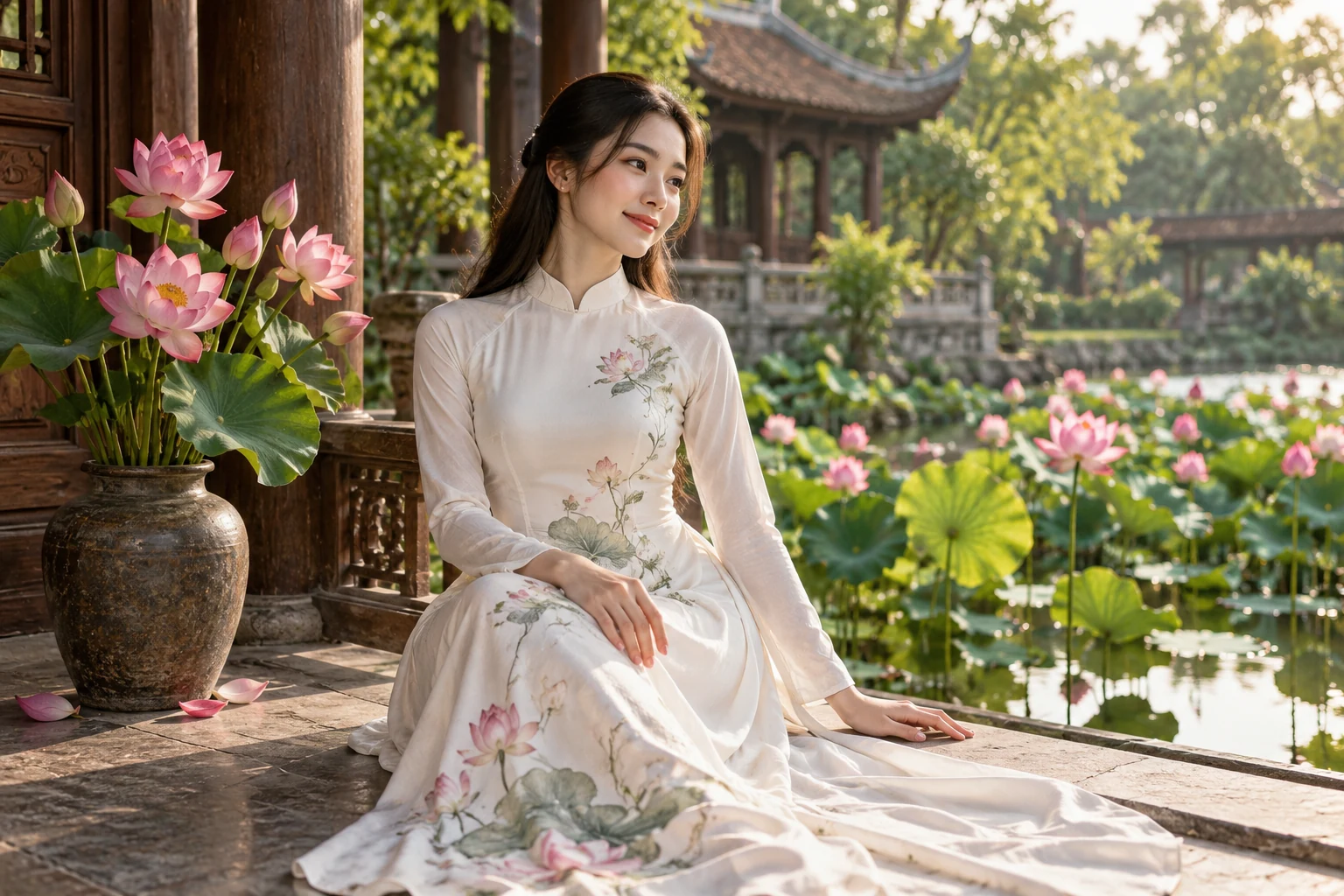 Bối cảnh và tạo dáng với áo dài họa tiết hoa sen bên hồ sen — ảnh minh họa AI