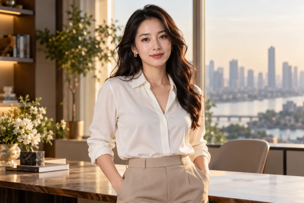 Chân dung với sơ mi trắng và quần be trong chân dung cá nhân tự tin — ảnh minh họa AI