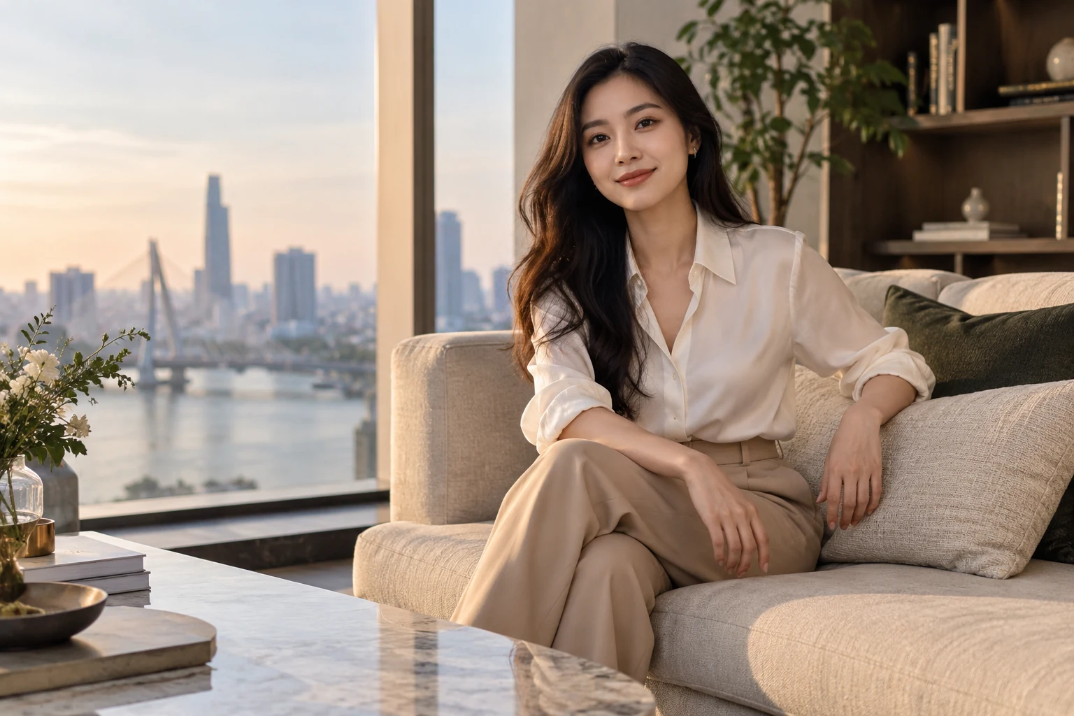 Bối cảnh và tạo dáng với sơ mi trắng và quần be trong chân dung cá nhân tự tin — ảnh minh họa AI