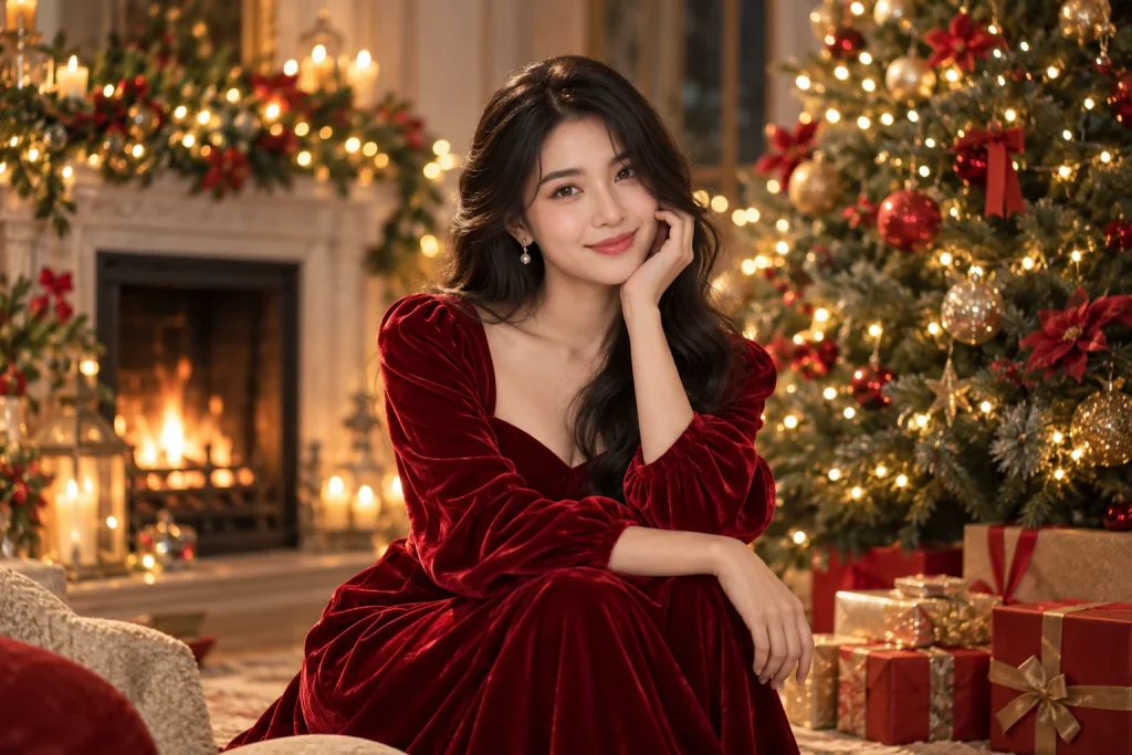 Chân dung với trang phục đỏ bên cây thông và đèn Noel — ảnh minh họa AI