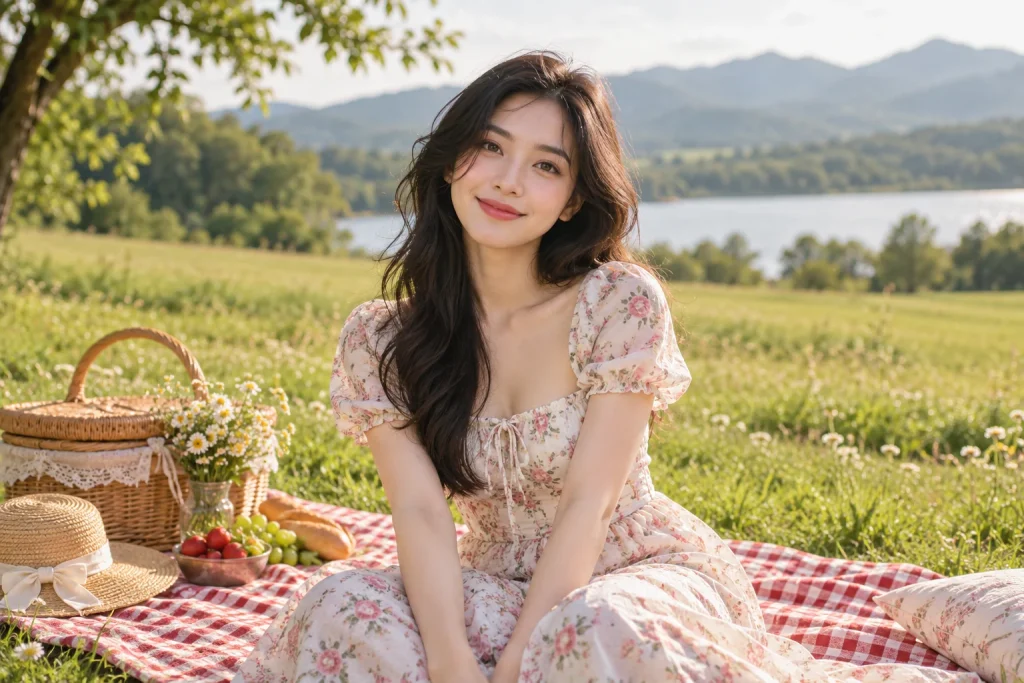 Chân dung với trang phục nhẹ bên giỏ mây và thảm picnic — ảnh minh họa AI