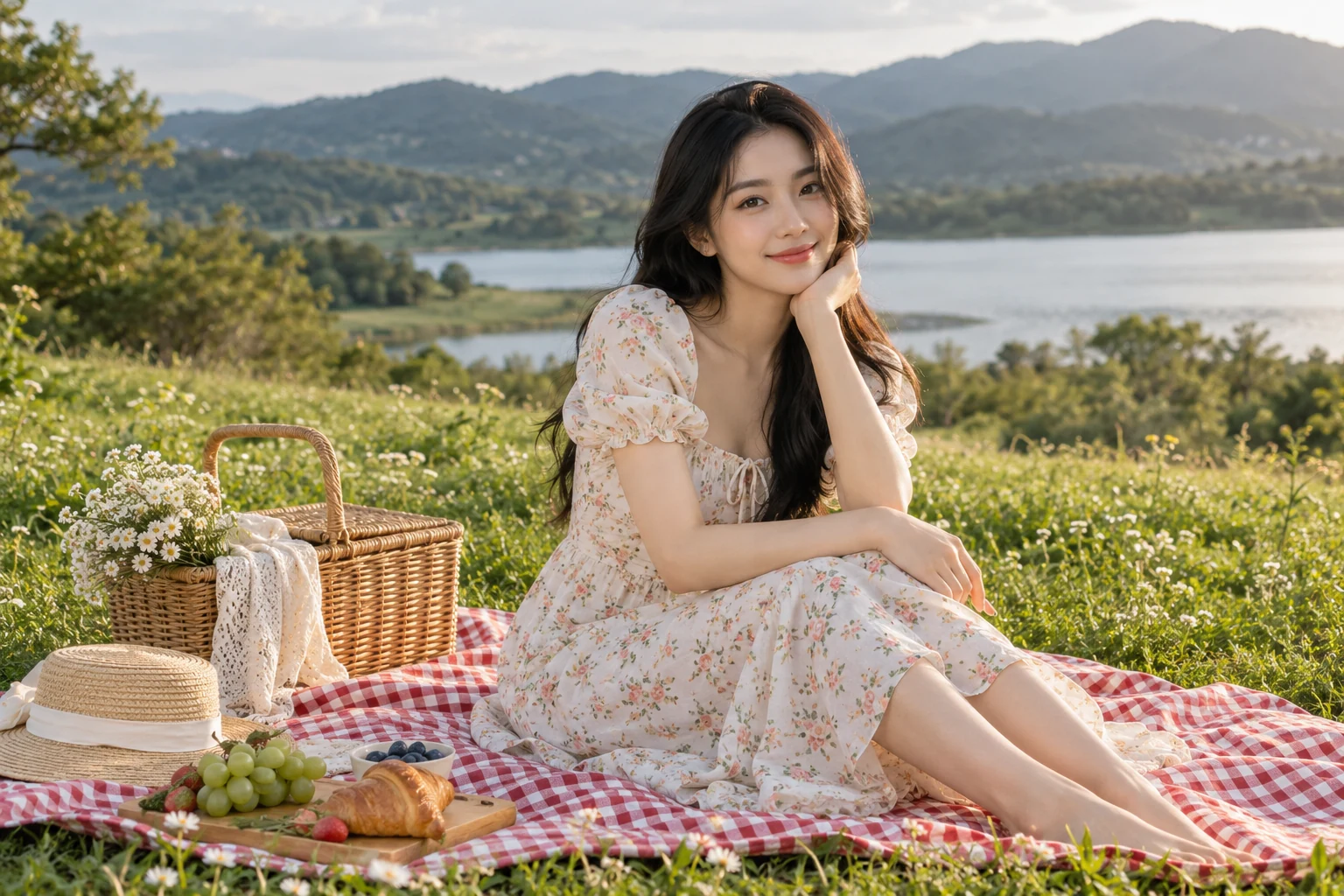 Bối cảnh và tạo dáng với trang phục nhẹ bên giỏ mây và thảm picnic — ảnh minh họa AI
