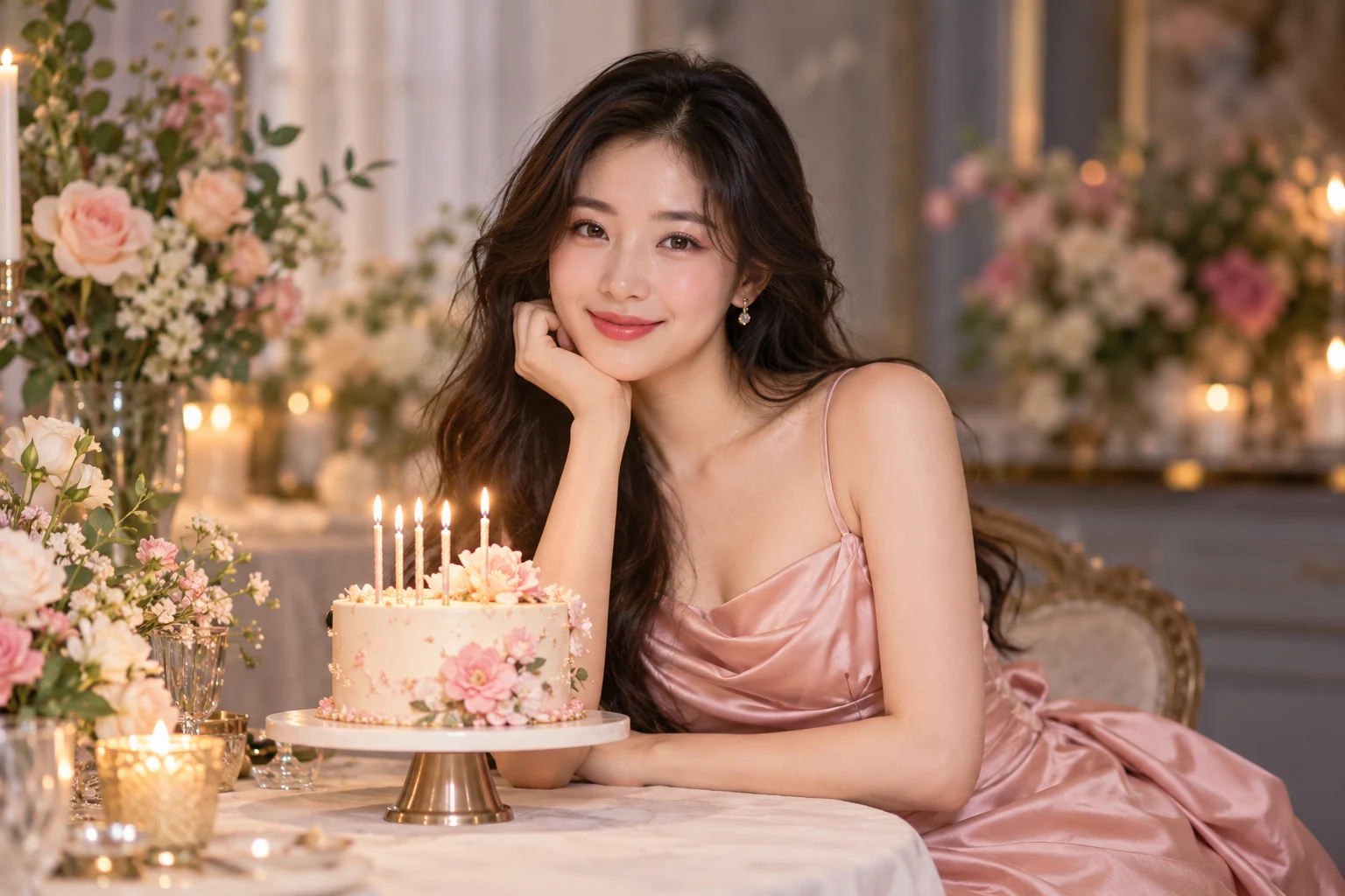 Chân dung với váy hồng và bánh sinh nhật dưới ánh sáng ấm — ảnh minh họa AI
