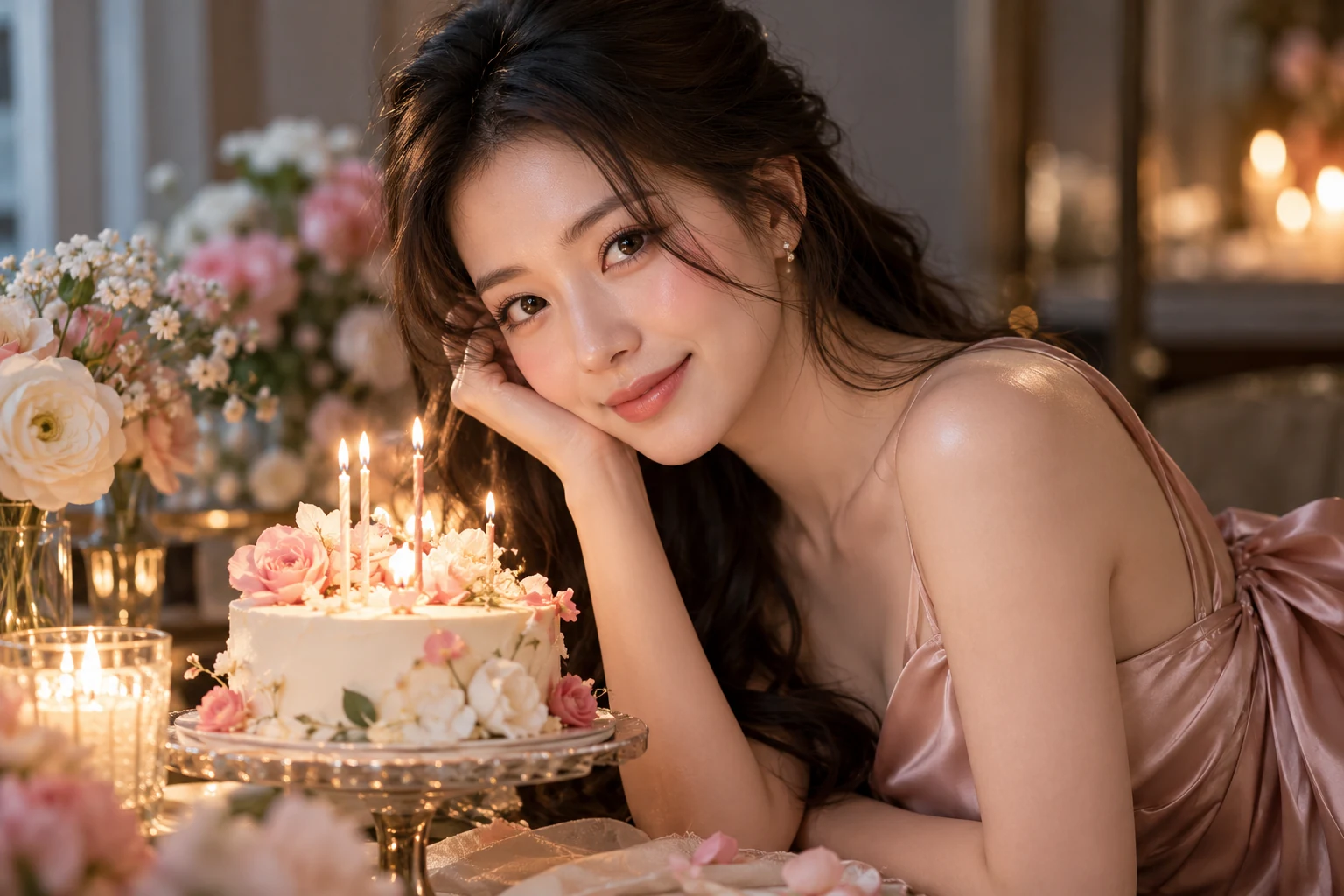 Góc cận thể hiện váy hồng và bánh sinh nhật dưới ánh sáng ấm — ảnh minh họa AI