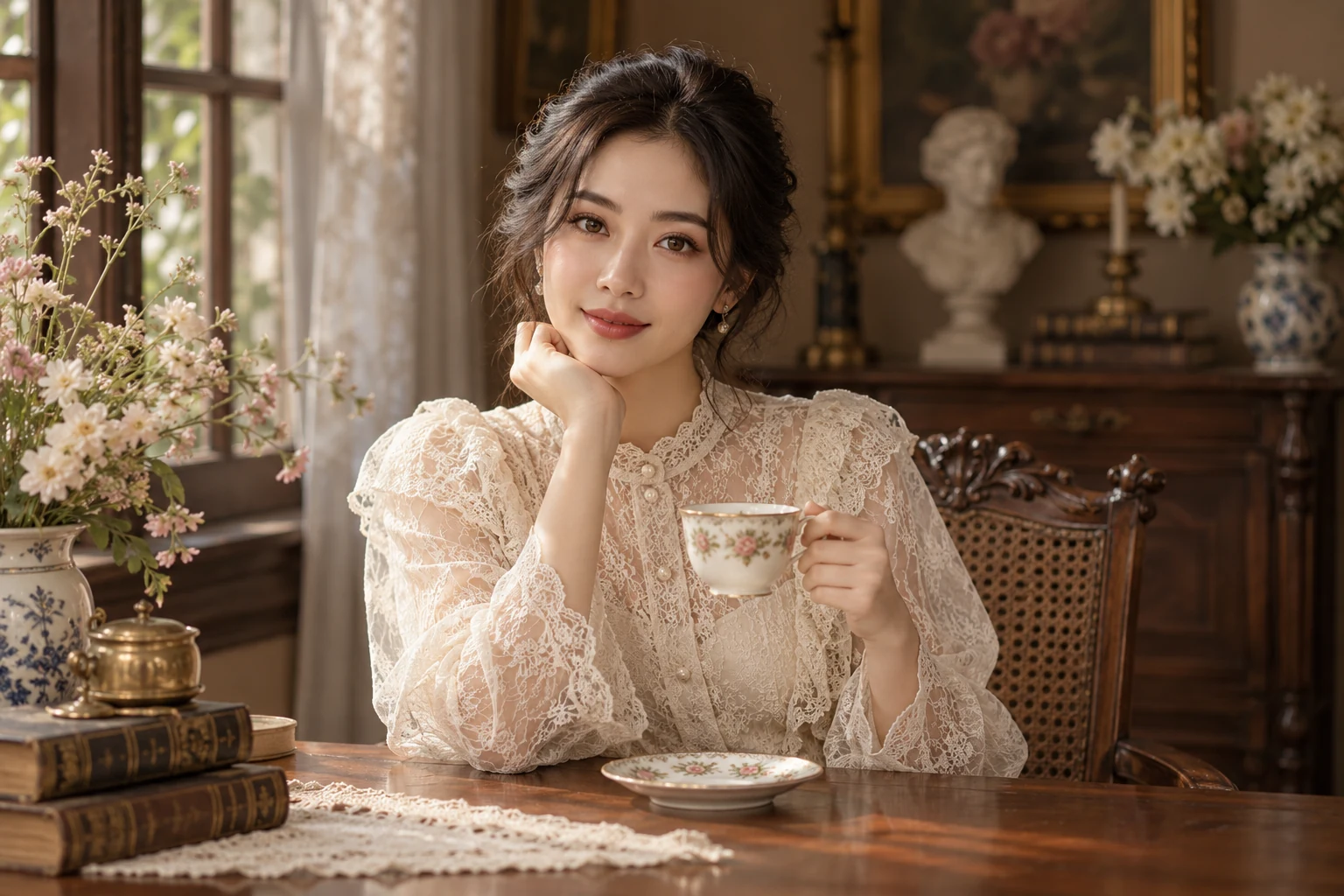 Chân dung với áo ren và bàn trà trong không gian vintage — ảnh minh họa AI