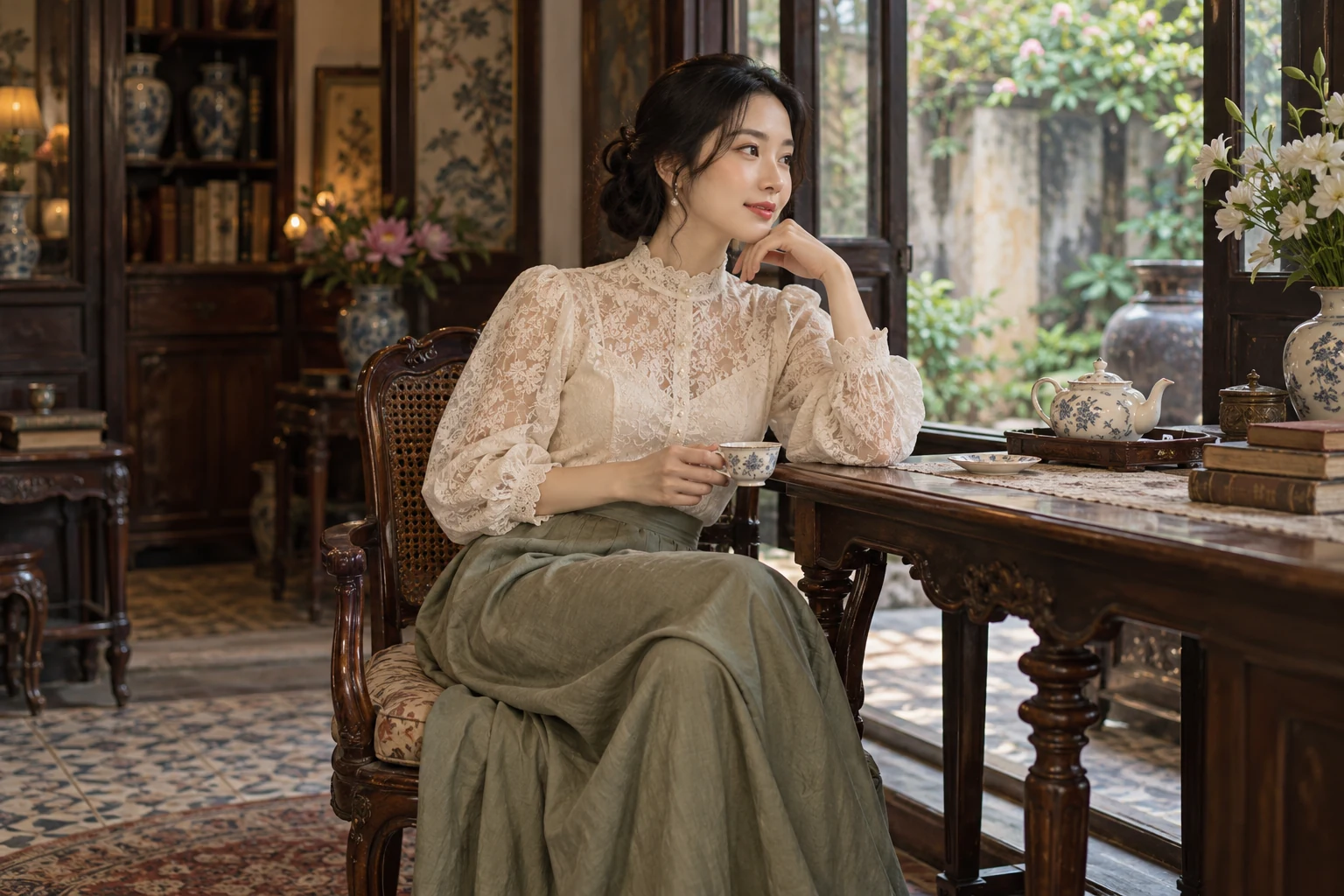 Bối cảnh và tạo dáng với áo ren và bàn trà trong không gian vintage — ảnh minh họa AI