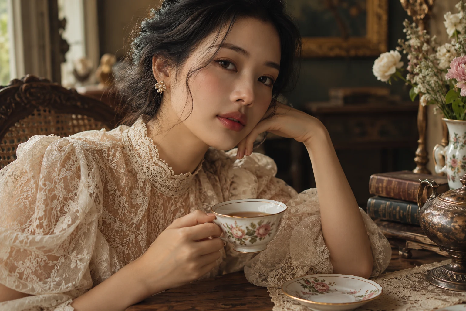 Góc cận thể hiện áo ren và bàn trà trong không gian vintage — ảnh minh họa AI