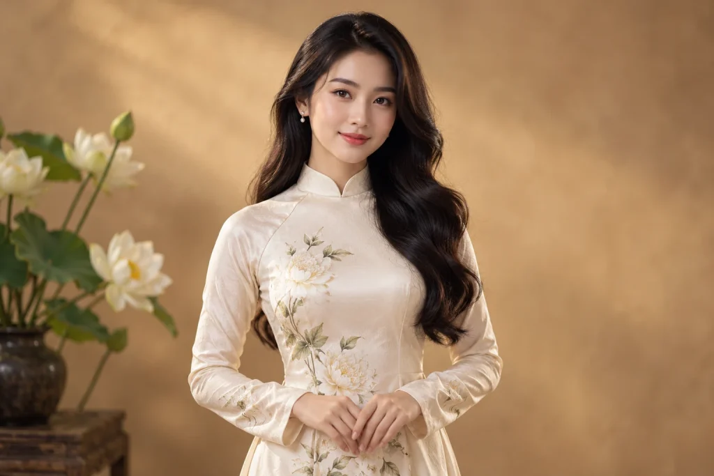 Chân dung với áo dài và hoa sen trên nền nâu vàng trong studio — ảnh minh họa AI