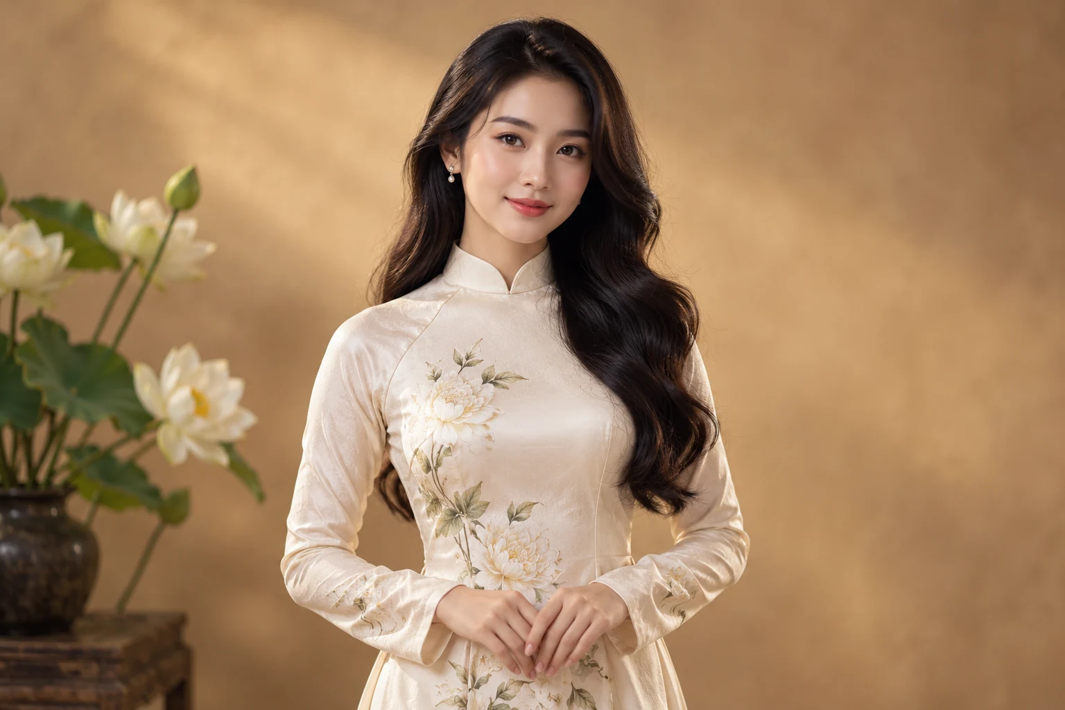 Chân dung với áo dài và hoa sen trên nền nâu vàng trong studio — ảnh minh họa AI