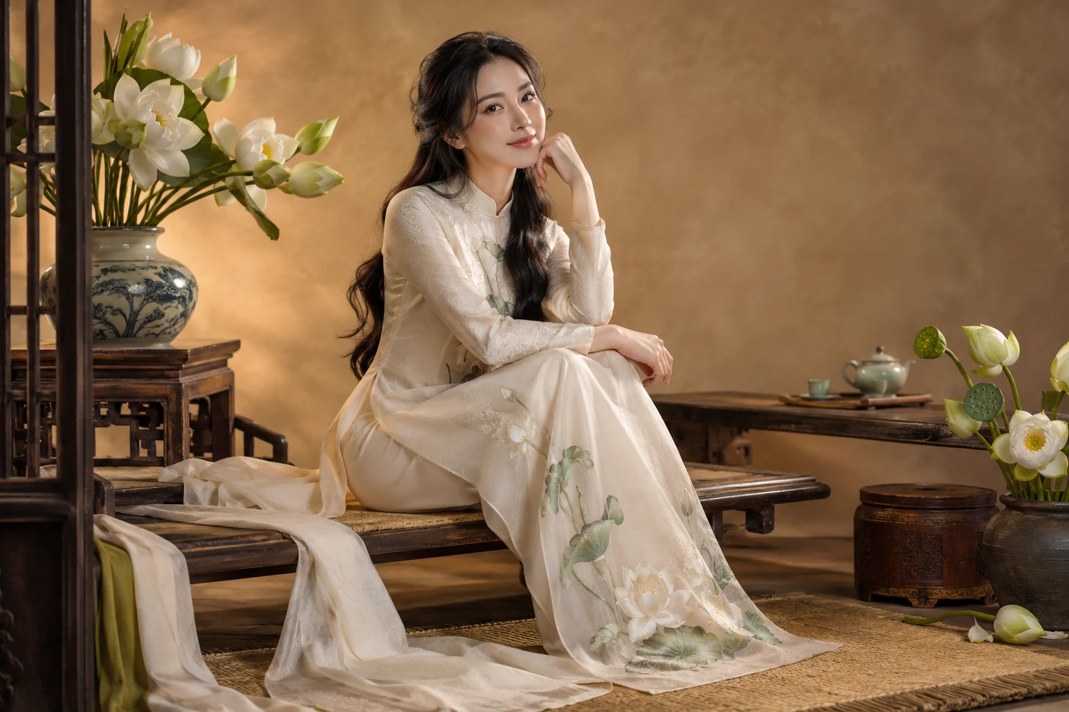 Bối cảnh và tạo dáng với áo dài và hoa sen trên nền nâu vàng trong studio — ảnh minh họa AI