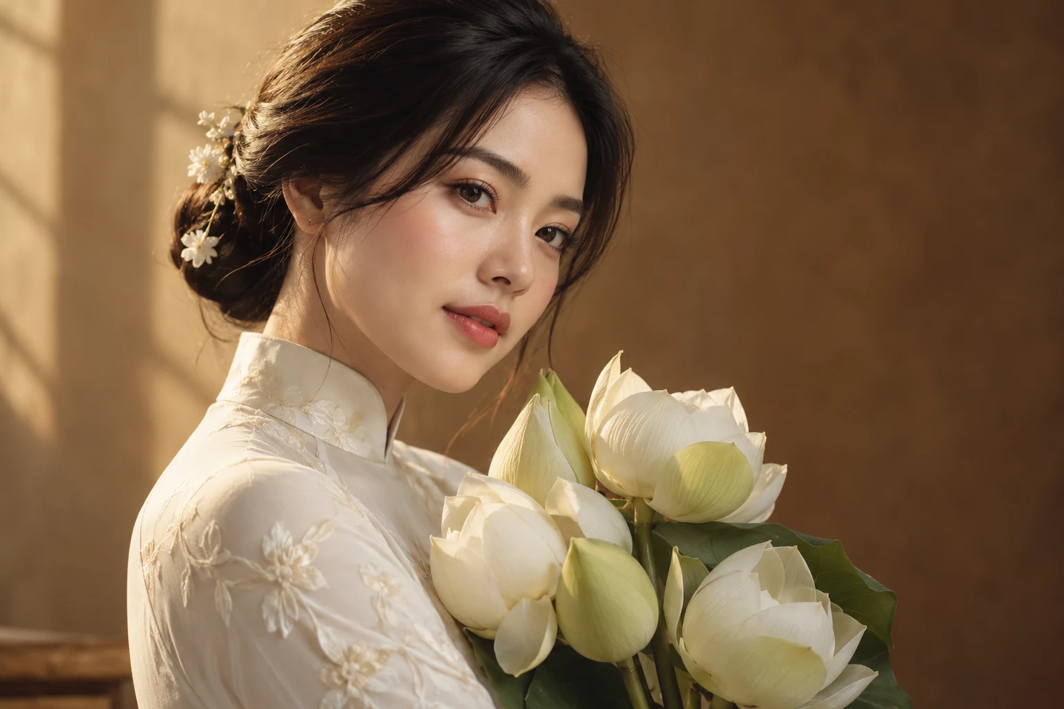 Góc cận thể hiện áo dài và hoa sen trên nền nâu vàng trong studio — ảnh minh họa AI