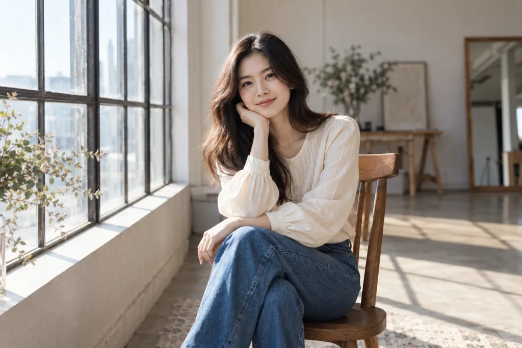 Chân dung với áo trắng và quần jeans bên cửa sổ studio — ảnh minh họa AI