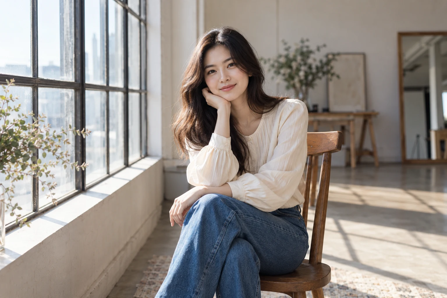 Chân dung với áo trắng và quần jeans bên cửa sổ studio — ảnh minh họa AI