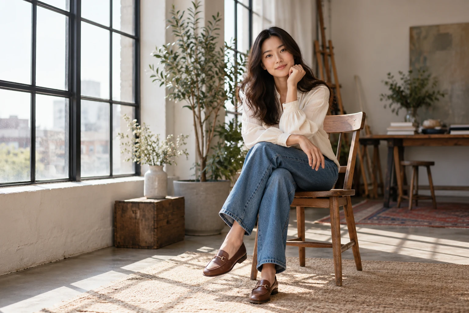 Bối cảnh và tạo dáng với áo trắng và quần jeans bên cửa sổ studio — ảnh minh họa AI