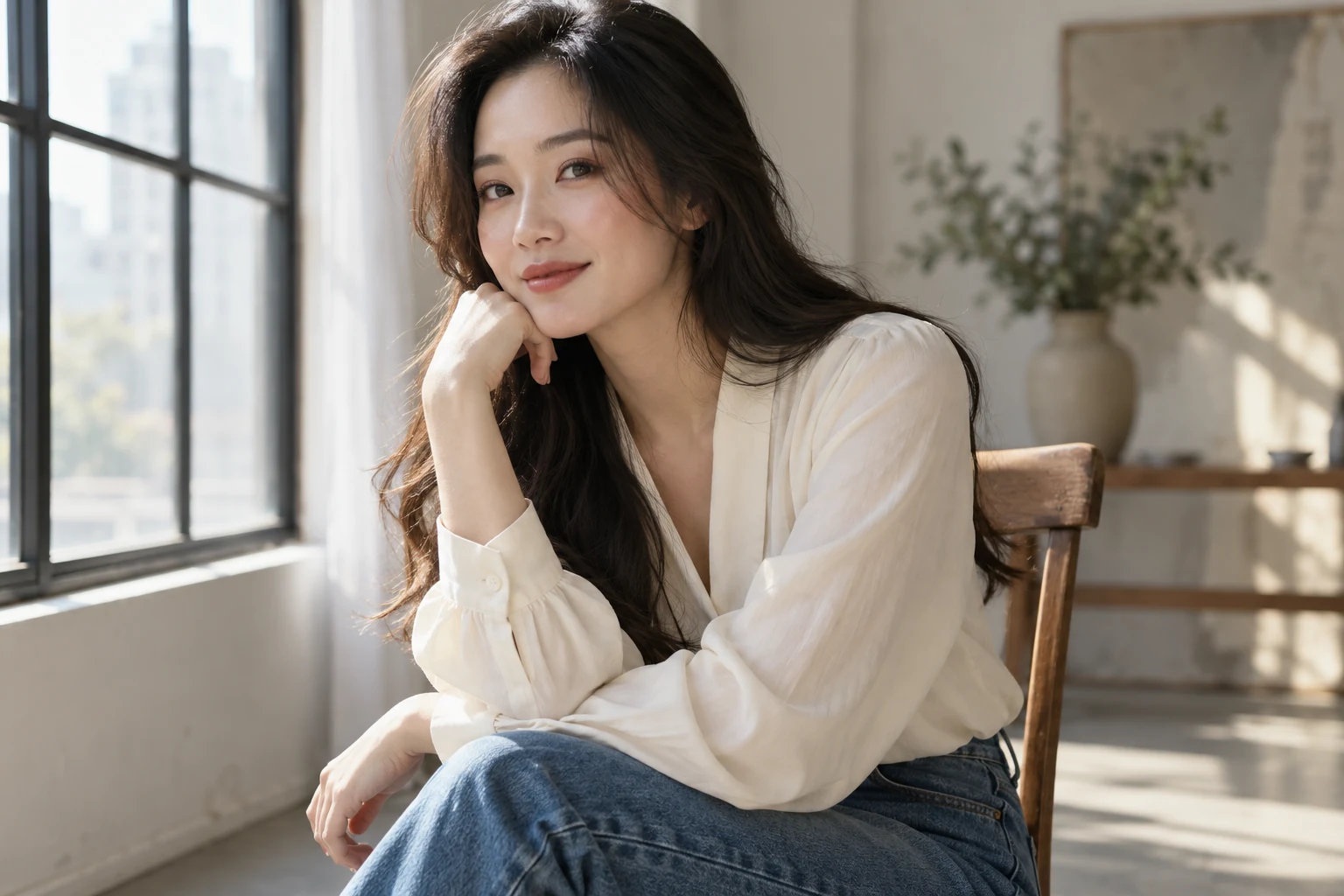 Góc cận thể hiện áo trắng và quần jeans bên cửa sổ studio — ảnh minh họa AI