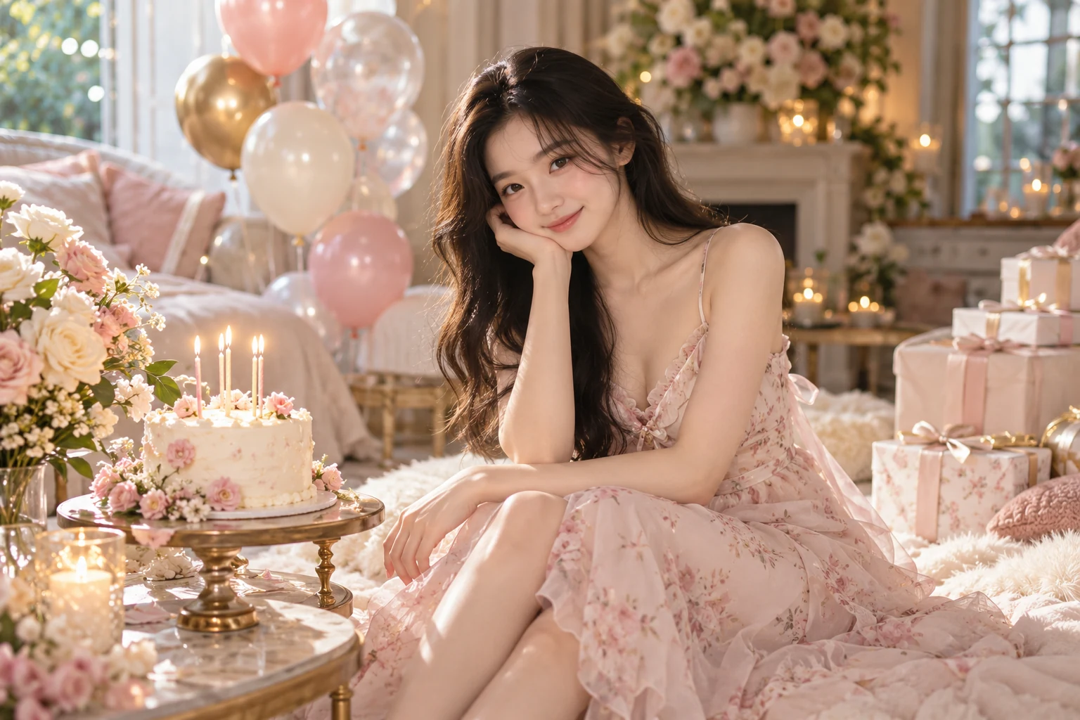 Bối cảnh và tạo dáng với váy hồng bên bánh sinh nhật và bóng bay — ảnh minh họa AI