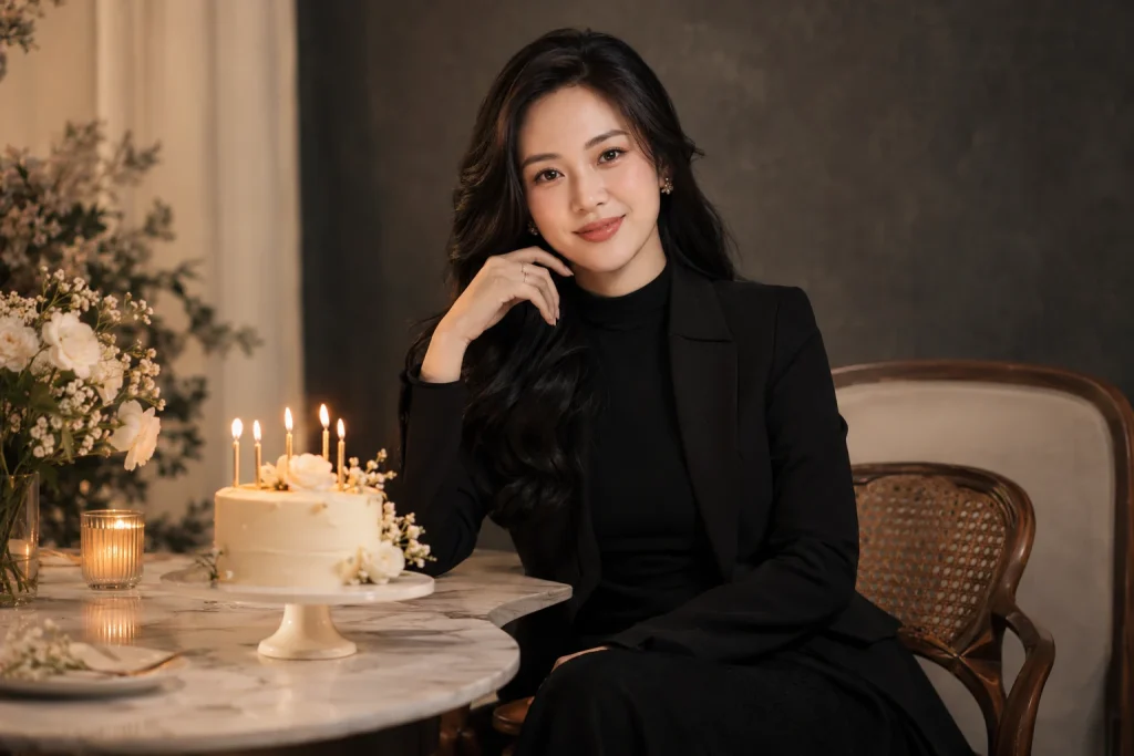 Chân dung với trang phục đen bên bánh sinh nhật trong concept thanh lịch — ảnh minh họa AI