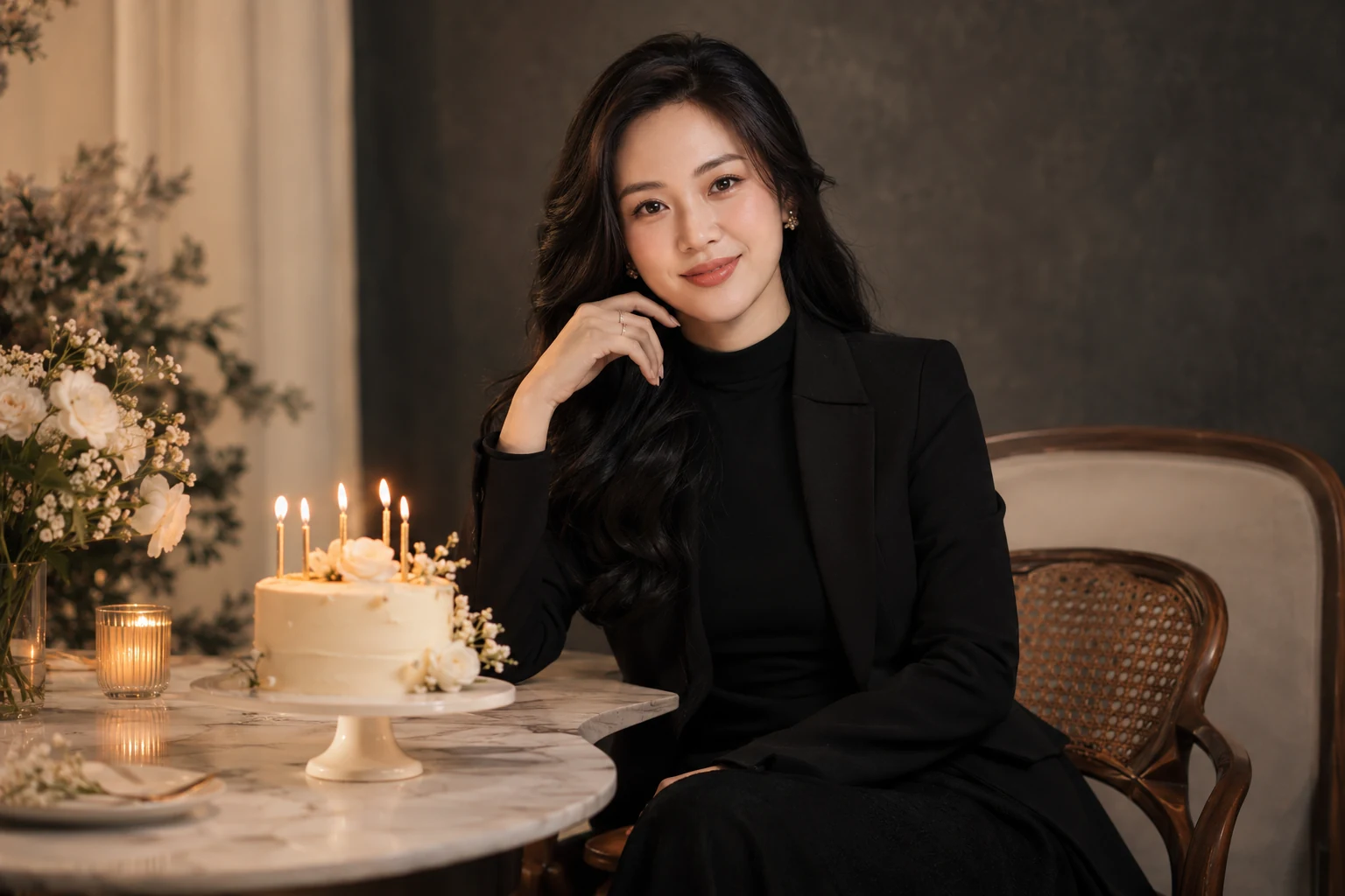 Chân dung với trang phục đen bên bánh sinh nhật trong concept thanh lịch — ảnh minh họa AI