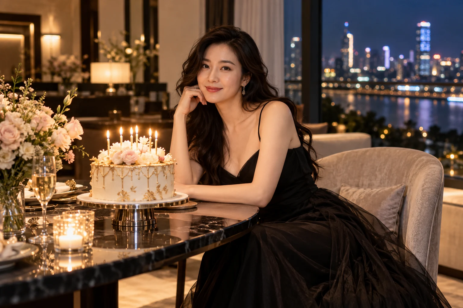 Bối cảnh và tạo dáng với trang phục đen bên bánh sinh nhật trong concept thanh lịch — ảnh minh họa AI