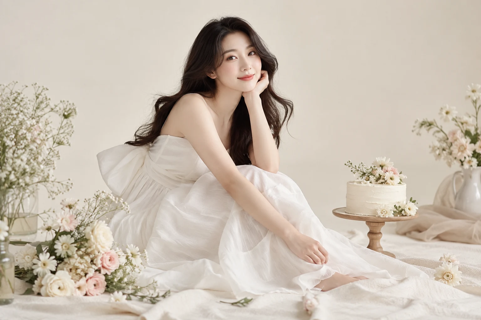 Bối cảnh và tạo dáng với trang phục trắng và bánh kem trên nền tối giản — ảnh minh họa AI