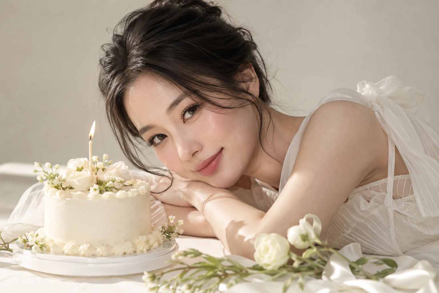 Góc cận thể hiện trang phục trắng và bánh kem trên nền tối giản — ảnh minh họa AI