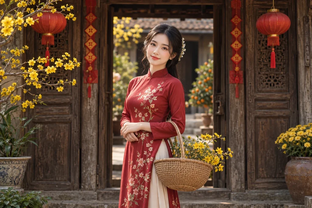 Chân dung với áo dài hoài cổ và bối cảnh gỗ trong concept Tết xưa — ảnh minh họa AI
