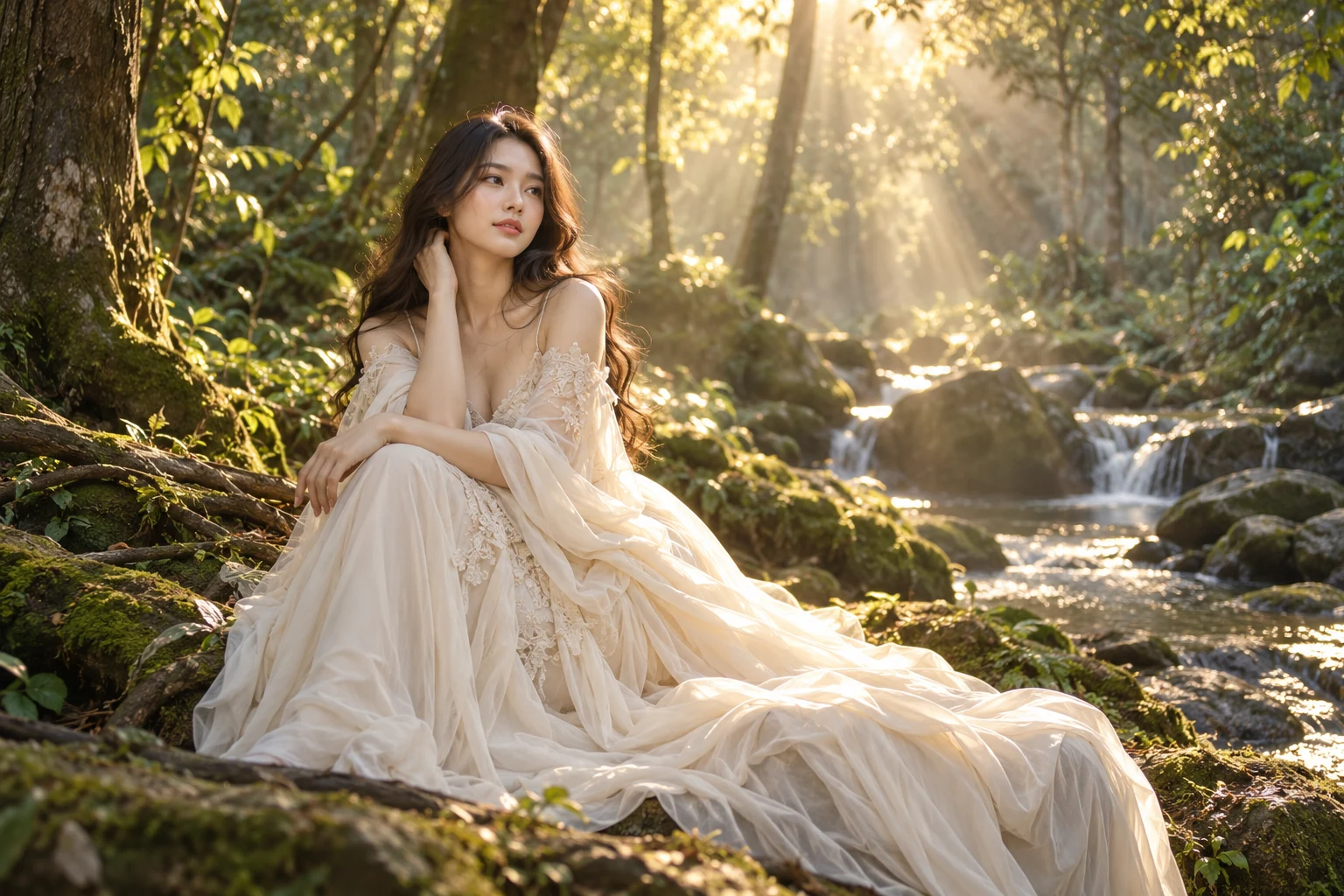 Bối cảnh và tạo dáng với váy kem trong rừng có nắng vàng — ảnh minh họa AI