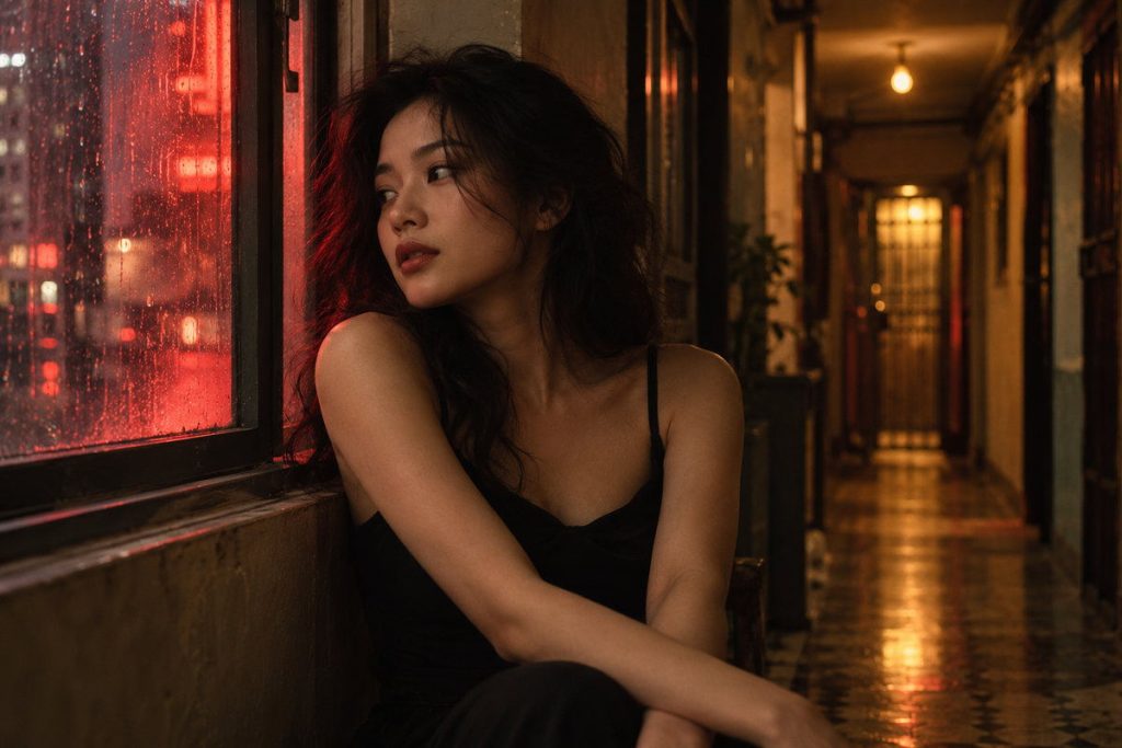 Ảnh minh họa concept chụp hình Hong Kong với ánh đèn neon và màu phim retro