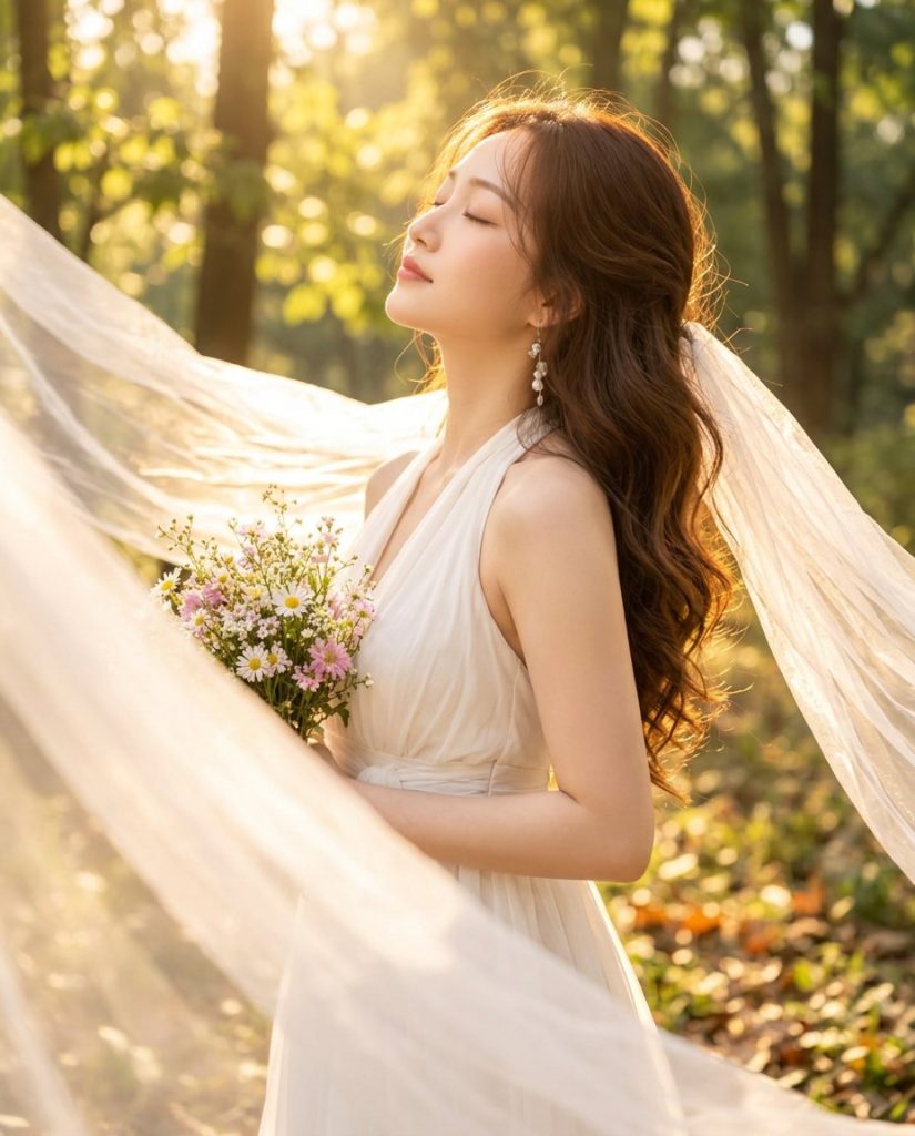 Góc nghiêng nhắm mắt đón nắng vàng xuyên tán lá trong rừng