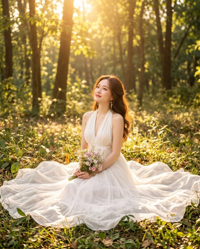 Ngồi trên thảm cỏ rừng giữa hoa dại, váy voan trắng xòe quanh