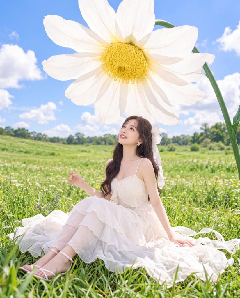 Ngồi giữa đồng cỏ dưới bông hoa khổng lồ, váy bèo trắng xòe rộng