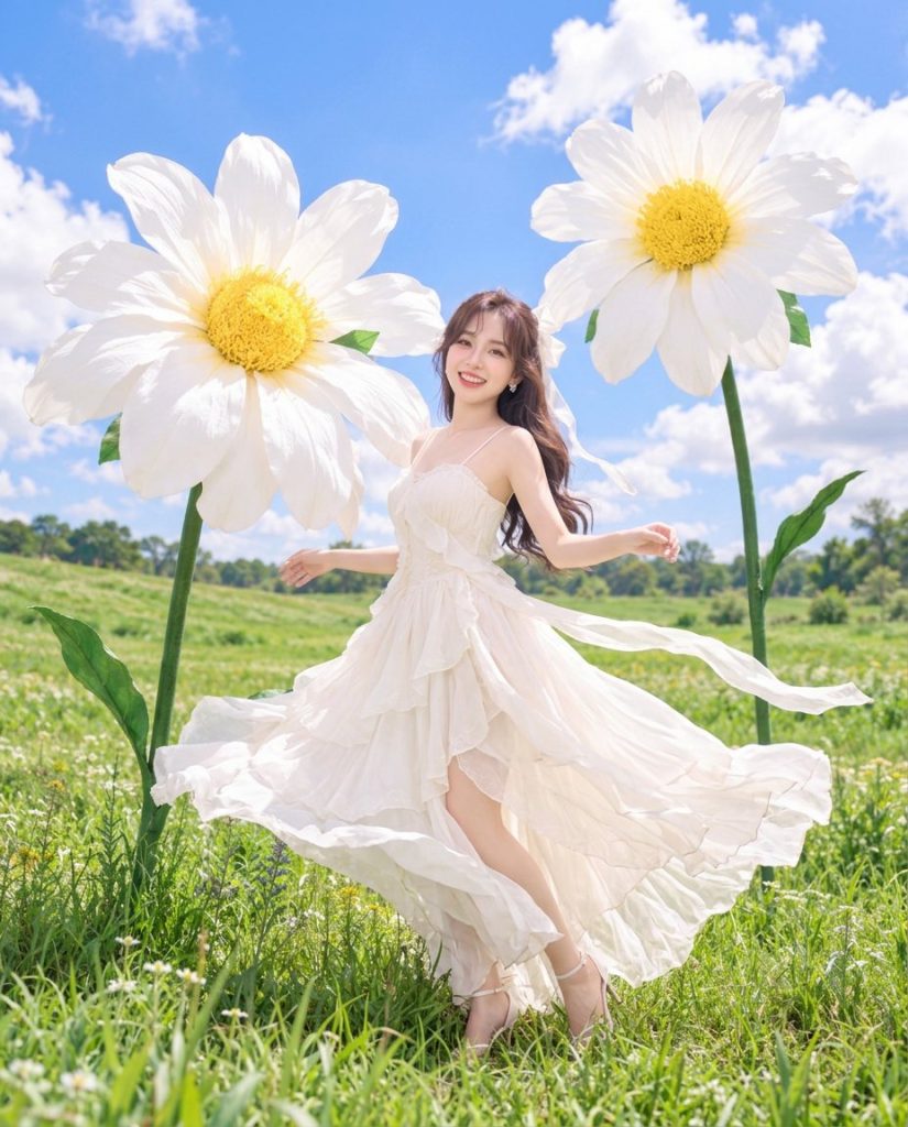 Toàn thân xoay váy trên đồng cỏ, phía sau là hai bông cúc trắng khổng lồ