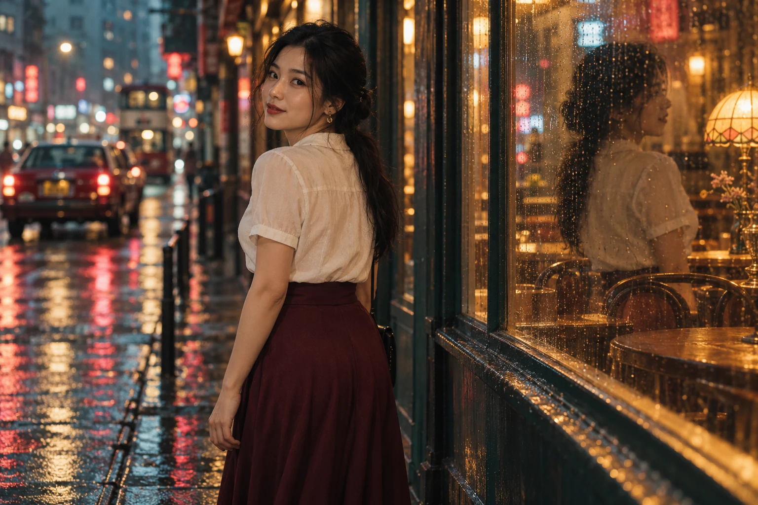 Ảnh minh họa tư thế nhìn qua vai bên cửa kính trong concept Hong Kong retro
