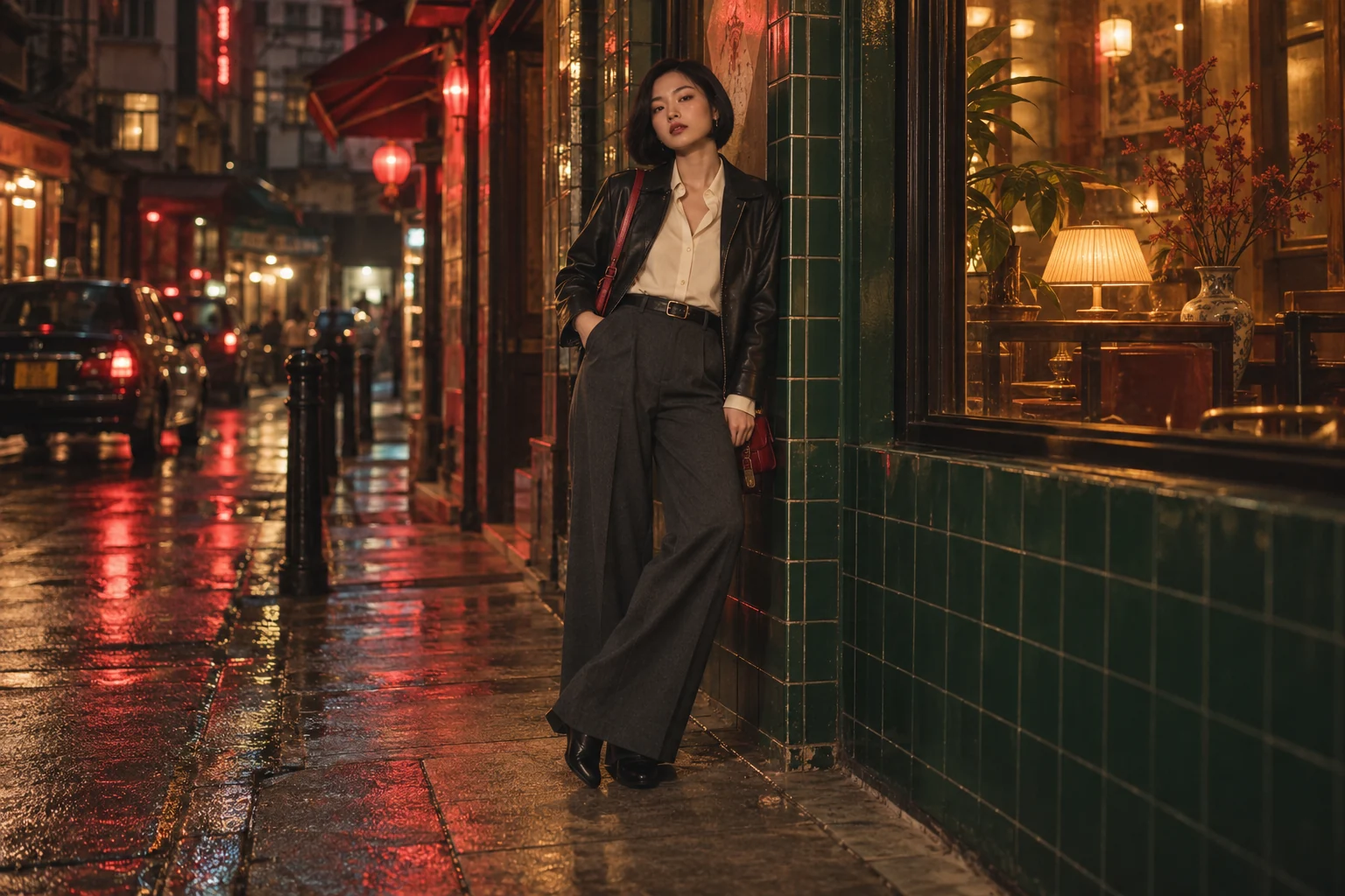 Ảnh minh họa phối áo khoác da và quần ống rộng cho concept Hong Kong retro