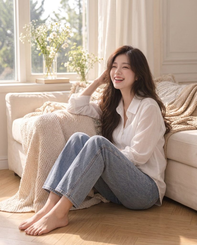 Ngồi trên sàn gỗ cạnh sofa kem, cười tự nhiên trong căn phòng đầy nắng