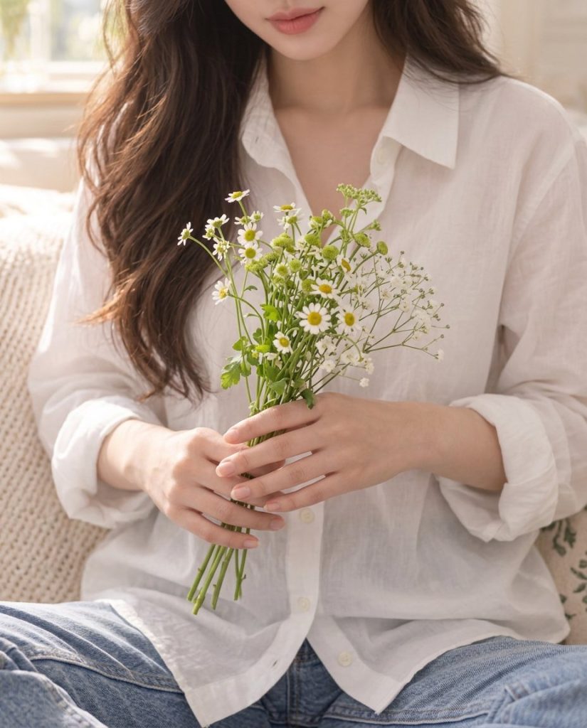 Cận cảnh đôi tay cầm bó cúc trắng trên nền áo sơ mi trắng