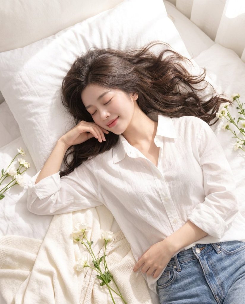 Góc chụp từ trên xuống, tóc xõa trên ga trắng, nhắm mắt mỉm cười