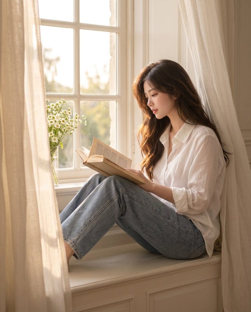 Ngồi bên bậu cửa sổ đọc sách, nắng chiếu nghiêng gương mặt