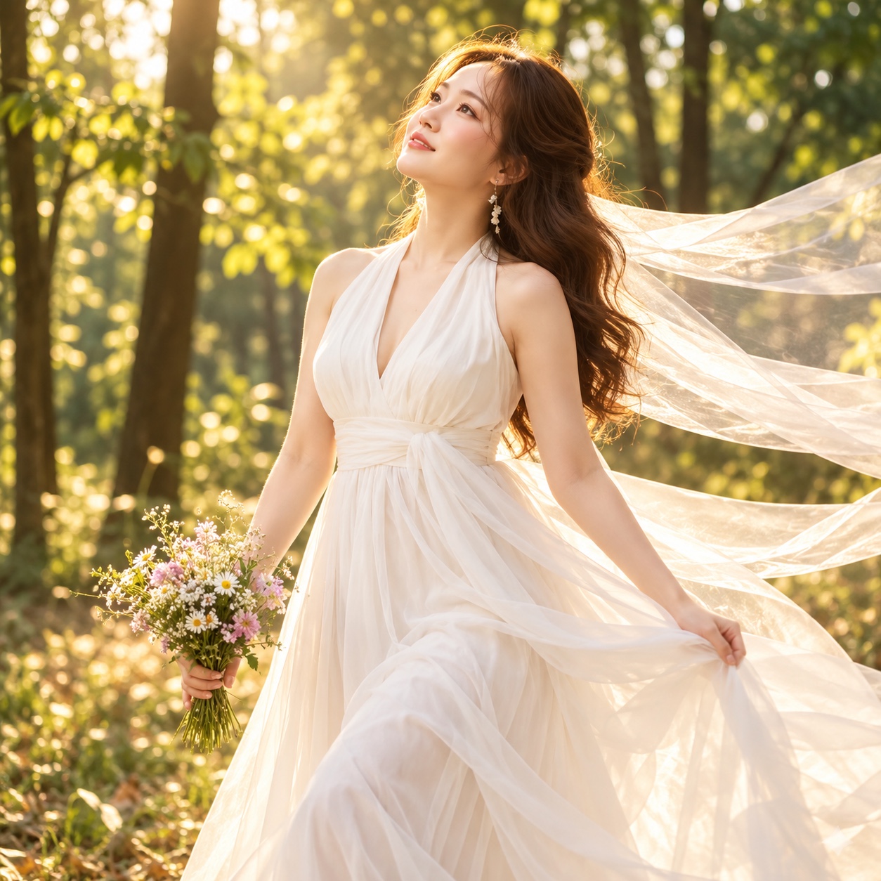 Chân dung váy voan trong bối cảnh cây xanh của thư viện Lyn — ảnh minh họa AI