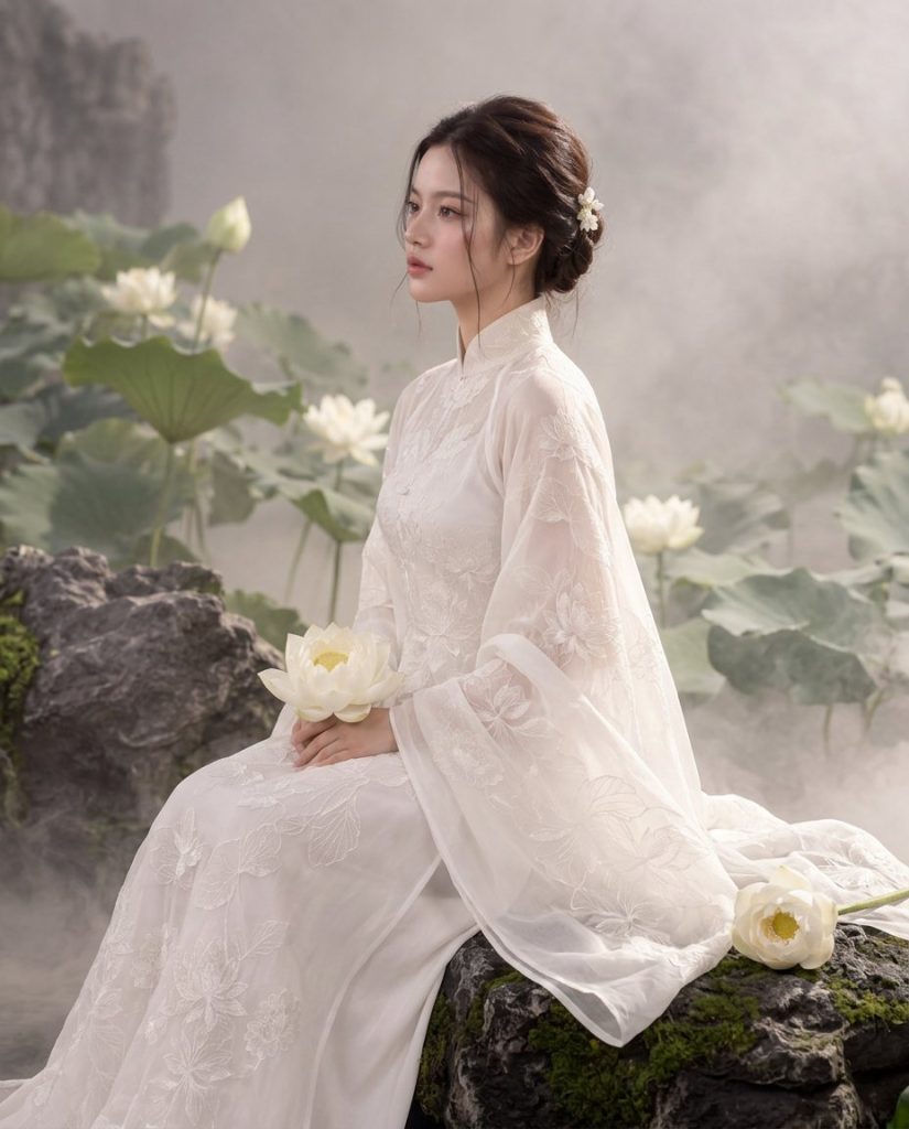Ngồi nghiêng trên phiến đá bên hồ sen, khói sương lãng đãng