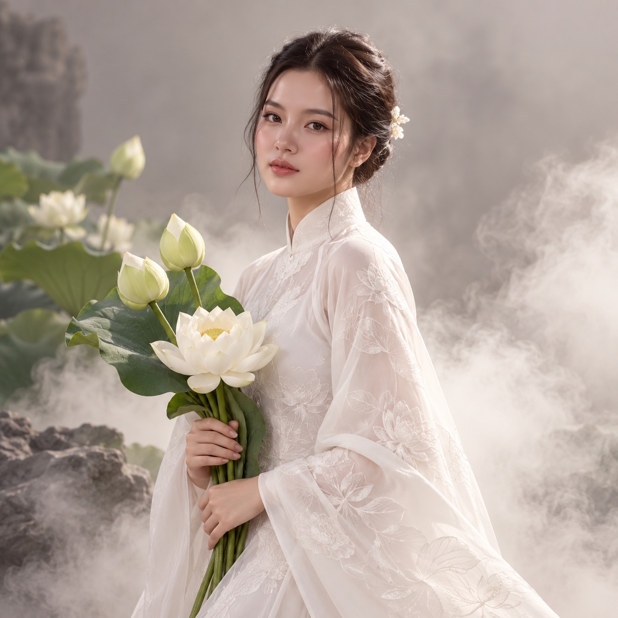 Trang phục truyền thống và hoa sen trong thư viện Lyn — ảnh minh họa AI