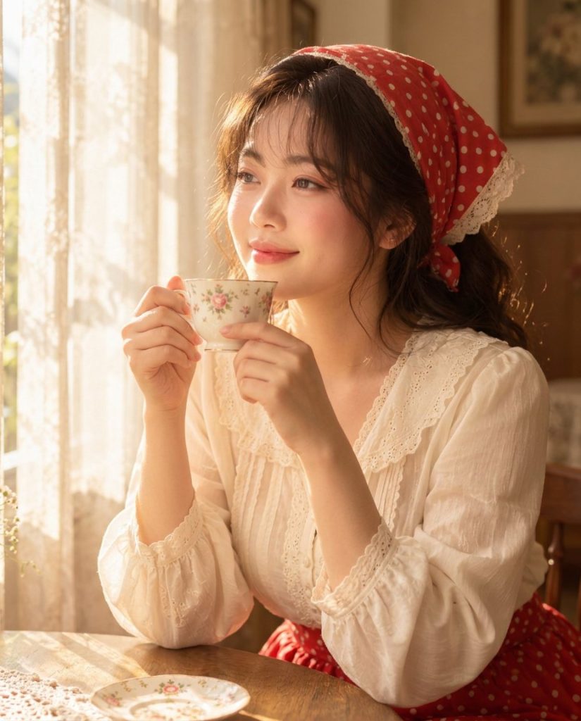 Cầm tách trà sứ hoa sát môi, khăn chấm bi đỏ, nắng sớm bên rèm ren