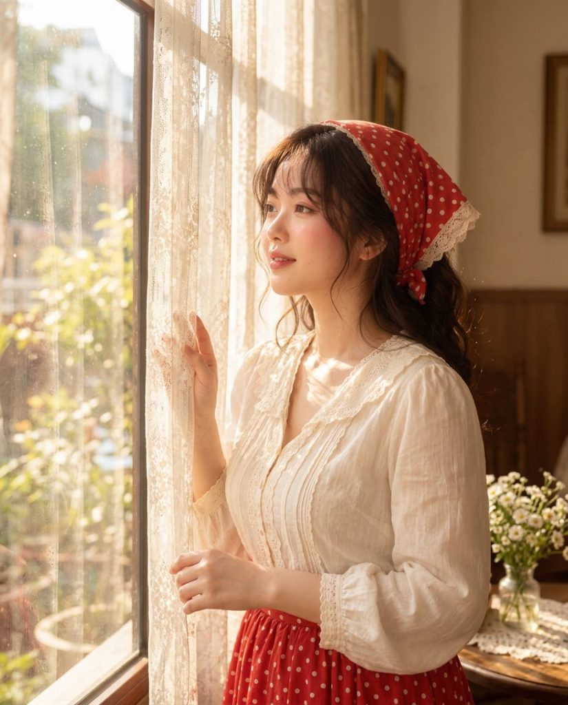 Đứng bên cửa sổ rèm ren trắng, tay chạm rèm, nắng vàng buổi sáng