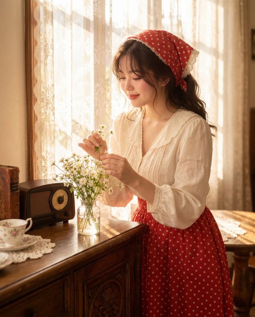 Cắm hoa cúc vào lọ thủy tinh bên tủ gỗ cổ có radio cũ